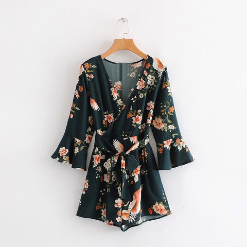 Summer Printed Flare Sleeve Green Wrap Playsuit