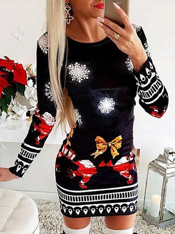 Christmas Santa Claus Print Crew Neck Long Sleeve Dress