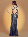 Plunge front Sequin Evening Dress