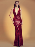 Plunge front Sequin Evening Dress