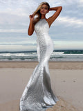 Silver Halter Bodycon Sequined Evening Dress