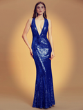 Plunge front Sequin Evening Dress