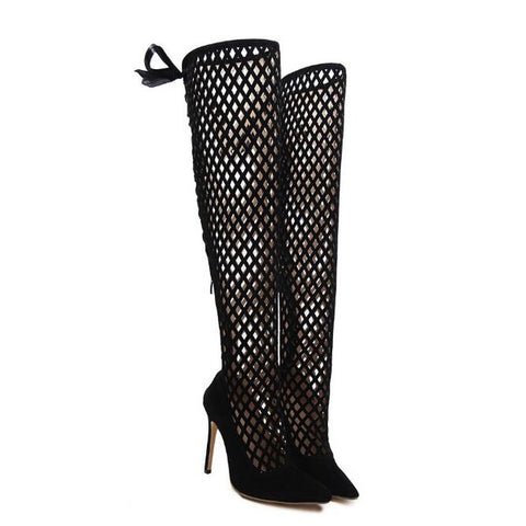 Hollow Out Pointed Toe Black Thigh High Boots
