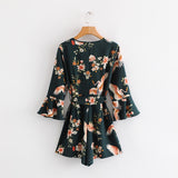 Summer Printed Flare Sleeve Green Wrap Playsuit